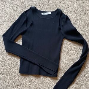 Zara Black Ribbed Long Sleeve Top. shoulder cut outs .